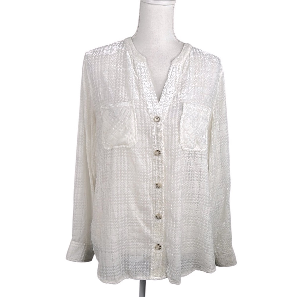 Democracy White Crushed Velvet Button Down Classic Long Sleeve Top Size Large